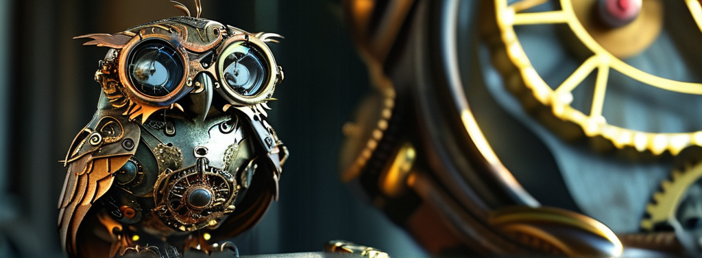 Prompt: (steampunk owl), intricately designed, mechanical elements, detailed gears, vintage goggles, mechanical wing, perched gracefully on an ornate vintage clock, atmospheric lighting casting golden hues, rich textures, a hint of whimsy and nostalgia, capturing the essence of steampunk artistry, ultra-detailed, high-quality, 4K resolution.