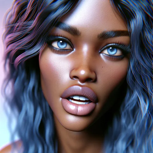 Prompt: Photo of a very dark-skinned attractive woman, upper body, realistic sensual look, slightly opened mouth, detailed realistic white teeth, disheveled long blue hair, direct eye contact, open blue detailed eyes, high level of detail, every pore is visible, realistic, background with pastel highlights , individual bright lights, professionally detailed eyes, realistic lighting, high resolution