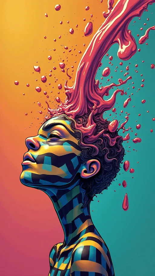 Prompt: (vector) liquid pouring over striped head, (checkerboard pattern), (vibrant colors), dynamic movement, exaggerated flow, abstract art style, striking contrast between patterns, foreground focusing on the head, intricate details in the stripes, smooth texture of the liquid, visually captivating, playful ambiance, (highly detailed) design, (2D illustration), colorful background enhancing visual impact.