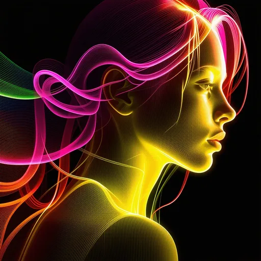 Prompt: An abstract digital image depicting the silhouette of a woman, crafted from luminous lines in vibrant shades of yellow, magenta, red, and green. The lines intertwine and flow along the woman's contours, creating a sense of dynamic movement and energy. The background is black, which makes the colours stand out intensely, highlighting the woman's figure in a striking and surreal manner. The composition evokes a blend between reality and fantasy, with a style reminiscent of a futuristic digital artwork.