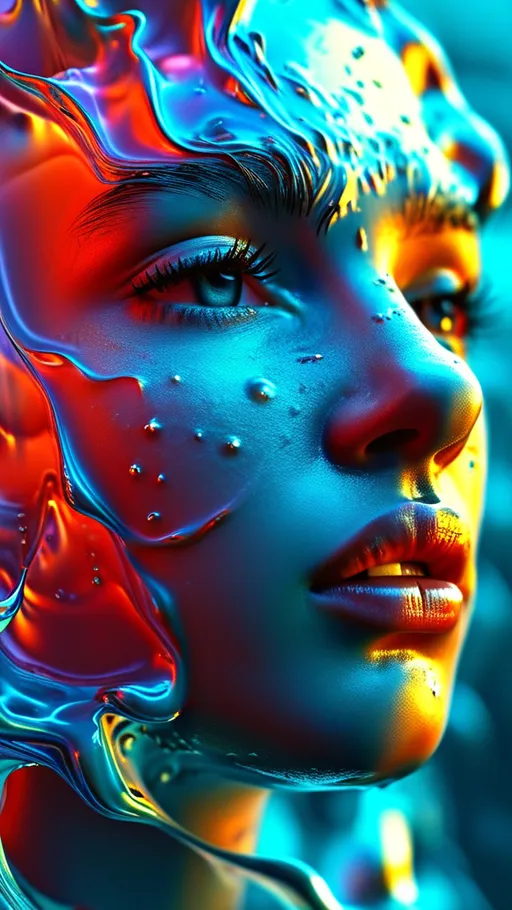 Prompt: (female face),  emerging from holographic liquid, (sharp colors), 3D rendering, ultra-detailed, intricate detailed facial features, (dramatic lighting), high contrast, (holographic), detailed liquid simulation, vibrant colored liquid sea background, (high-quality), mesmerizing visuals, immersive atmosphere, fluid dynamics craftsmanship.