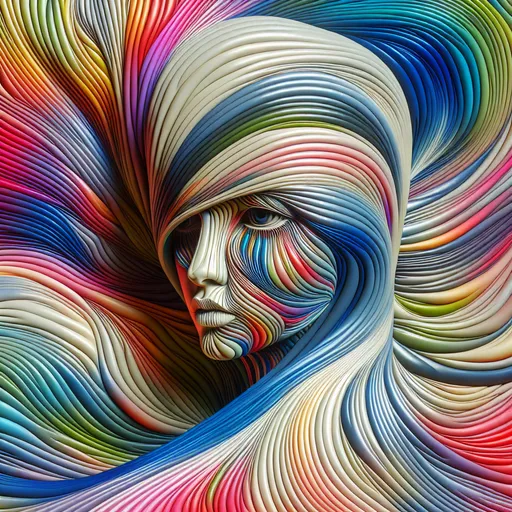 Prompt: a densely striped woman's head, open, detailed eyes, (bright colors), dynamic movement, exaggerated flow, abstract art style, striking contrast between the patterns, foreground with focus on the head and body, intricate details in the stripes, smooth texture of the liquid, visually captivating, playful ambience, (highly detailed) design (3D illustration), colorful background enhances the visual impact.