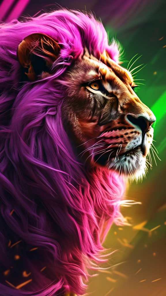 Prompt: (realistic jumping lion), (majestic magenta mane), fierce expression, intricate fur details, intense gaze, powerful stance, warm golden tones, modern  background with Magenta and Green diggits , white teeth, dramatic lighting, high quality 4K, captures the wild essence of majesty and power, intense atmosphere, cinematic masterpiece.