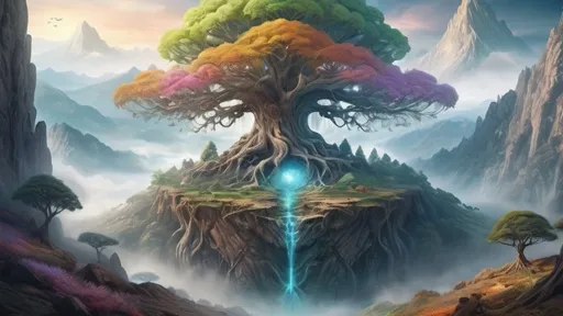 Prompt: Misty fantasy mountain with a colossal 'World Tree', mystical ambiance, high quality, magical realism, detailed foliage, intricate roots, fantasy illustration, vibrant colors, ancient atmosphere, ethereal lighting