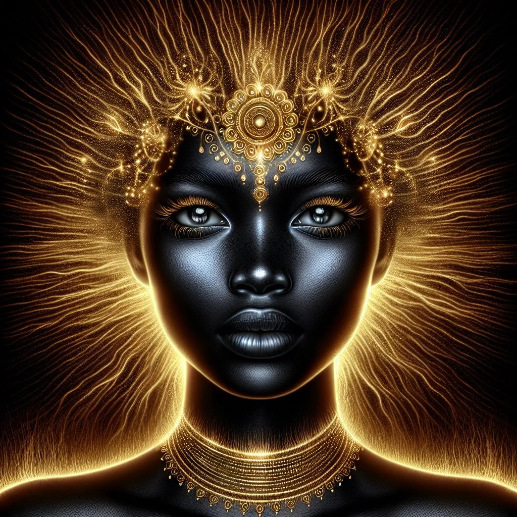 Prompt: a black woman with gold jewelry on her face and a black background, Chinwe Chukwuogo-Roy, lyco art,realistic