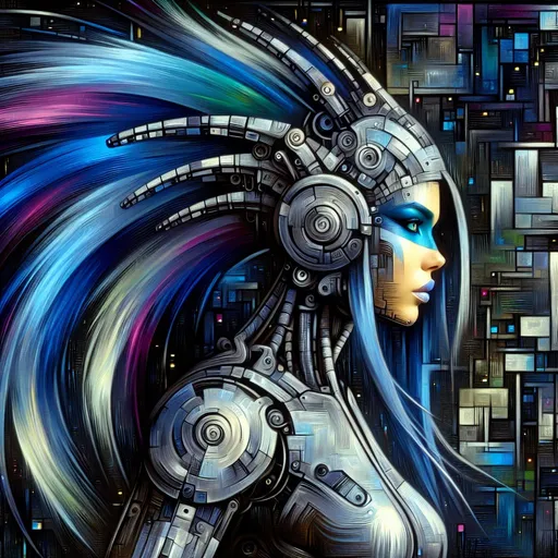 Prompt: a woman head with long blue hair and a robot suit on her head is holding , Ai-Mitsu, computer art, cybernetic, cyberpunk art