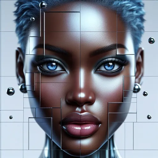 Prompt: Portrait of a dark-skinned very attractive woman, blue eyes, blue short hair, the face and the background is gridded by several chrome-colored blocks.
professionally detailed eyes, realistic lighting, high definition