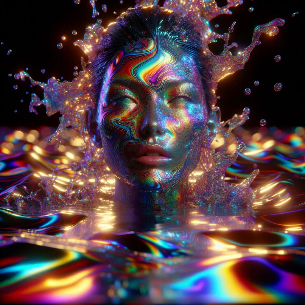 Prompt: Woman's face emerging from holographic sharp colors liquid, 3D rendering, ultra-detailed, high-quality, detailed, liquid simulation, intricate facial features, high contrast, dramatic lighting, background holographic sharp colors liquid sea