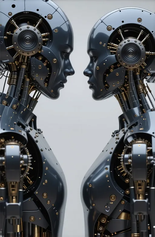 Prompt: (3D male and female mechanical body),  gazing at each other, intricate details, countless gears and springs, (metallic textures), intricate engineering, polished surfaces reflecting light, dynamic movement and energy, rich depth and shading, shadows adding dimension, captivating design, futuristic atmosphere, ultra-detailed, high quality, unreal engine rendering, innovative and imaginative creation.