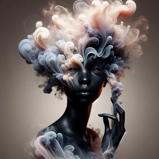 Prompt: Sculpture of a black woman made of a glowing smoke, ethereal and delicate, glowing smoke forming a woman with open eyes, transparent and airy, high quality, mystical, surreal, open eyes, delicate shapes, translucent, artistic representation, soft lighting, pastel tones, detailed plumes, artistic, dreamy, fleeting, elegant