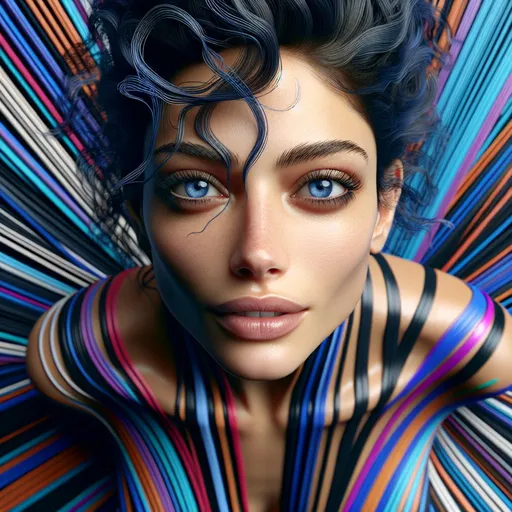 Prompt: Beautiful 25 year old woman with very messy blue hair and bright blue eyes. The face is realistic and very detailed. Perfect body composition.
A thick mass of different colors runs down in stripes over them
Full body close-up from above, she looks up directly into the camera
hyperrealistic, super detailed, 8k, high quality, trending art, sharp focus, studio photo, perfect lighting and shadows