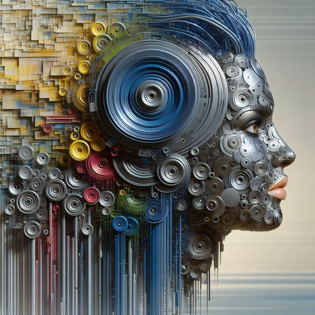 Prompt: Create a woman's head, the head consists of metallic disks in different colors placed one on top of the other, only the sides of the disks can be seen. The mouth, eyes and the beautiful disheveled blue hair are displayed photorealistically, the background looks a little utopian