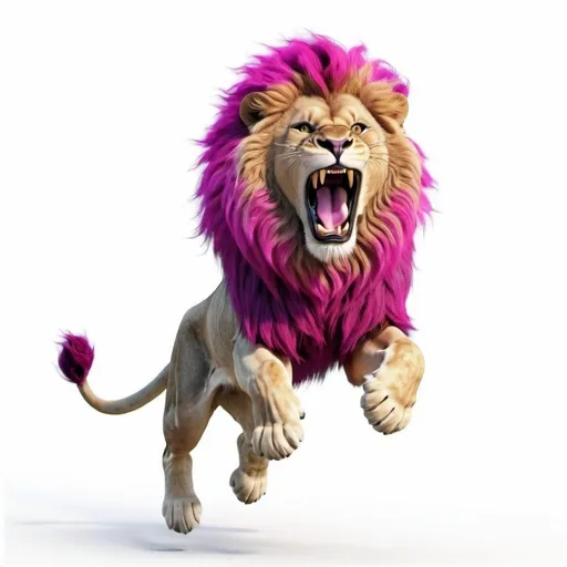 Prompt: white background, a jumping and roaring lion with a magenta mane, 3d rendering