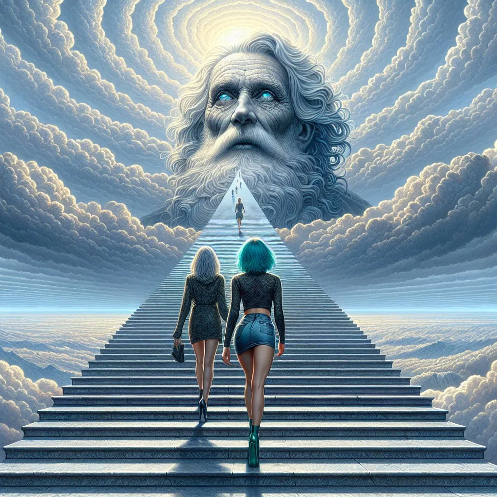 Prompt: The image of a staircase in the open landscape that leads to heaven, at the end of the staircase the face of an old, wise, European-looking man can be seen clearly and in detail, forming out of clouds. A beautiful woman in a miniskirt with blue short shaggy hair climbs the stairs, she is about in the middle of the stairs, she can be seen in detail from behind, a detailed picture, high resolution, modern representation