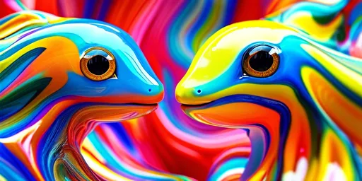 Prompt: (Colorful striped heads) of a female and male, emerging from (vibrant liquid), gazing at each other with intensity, close-up side view from above, surrounded by (dynamic, swirling liquid background), showcasing an (ultra-detailed, high quality 3D full body rendering), with elaborate textures and reflections in the colors of the liquid, creating a captivating, surreal atmosphere. The overall scene evokes a sense of connection through color and form.