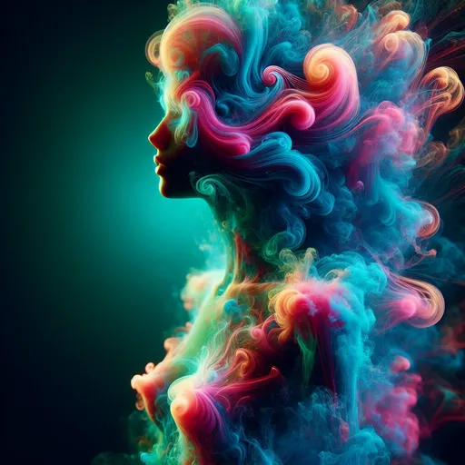 Prompt: Detailed and realistic female body made of neon colored glowing smoke, lively, colorful, mystical, questionable in interpretation, high quality, detailed, neon, glowing, smoke, realistic, colorful, mystical, enigmatic, ethereal, vibrant, otherworldly, atmospheric lighting