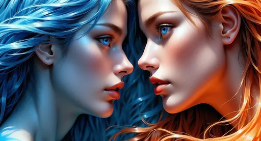 Prompt: (close-up two heads), female head (striped in vibrant colors), male head (striped in vivid colors), emerging from (color-striped liquid), looking at each other with (sensual expressions), soft lighting, (ultra-detailed), (high quality), (3D full body rendering), dynamic blend of colors, liquid-filled background, dramatic atmosphere, fluid motion, captivating gaze, intense contrasts, masterpiece realism.