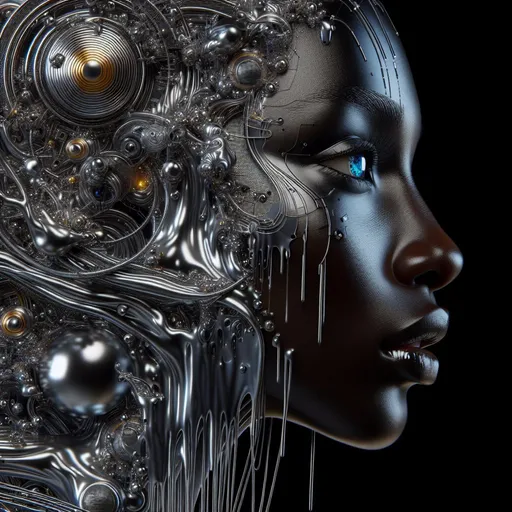 Prompt: a black jumping woman is futuristically transformed into a chrome-plated structure covered in wires. The left blue eye is shown in photo-realistic detail. the right eye futuristic. It is surrounded by silver and gold detailed small shapes against an abstract background that depicts dark yellow tones as dripping paint