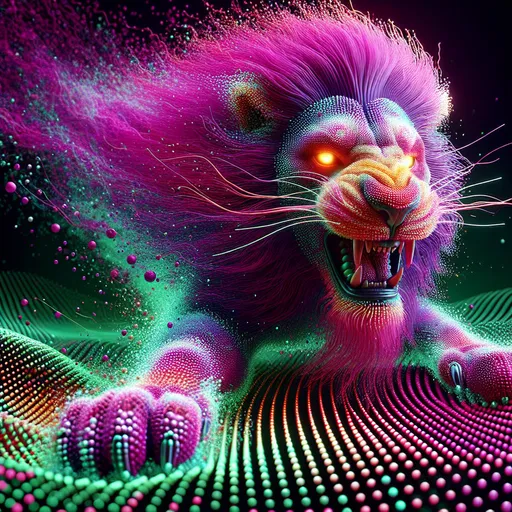 Prompt: 3D body of a roaring jumping lion with magenta mane emerging from a green and magenta dotted matrix, detailed eyes, bright colors, high quality rendering, looking to front, surreal, digital art, intense lighting, fiery hues, detailed features, futuristic, abstract, surreal, 3D rendering, variable hues, high energy, dynamic composition
