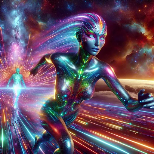 Prompt: attractive  running woman, hardly resemblance to a human woman, vibrant and colorful makeup, detailed skin, alien goddess, amphibious structure, detailed skin texture, alien beauty, vivid colors, cosmic makeup, holographic clothing, slim body, professional lighting , science fiction, high definition.
As she runs she is released and a human woman forms from the particles behind her.
ultra-detailed, futuristic, vibrant neon tones, cosmic lighting, high-quality detailed full body 3D representation