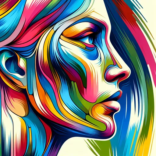 Prompt: Vibrant abstract art woman face, portrait, many bright colors, vibrant woman face abstract, from the side, woman looks to the left, rough shapes, illustration, HDR, 8k resolution