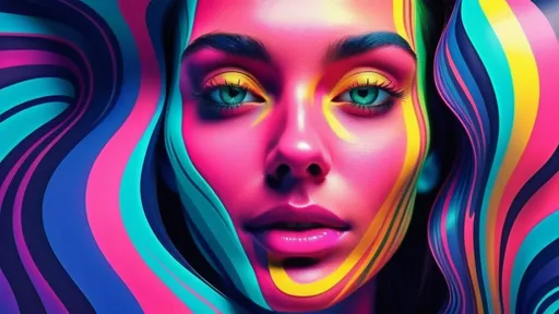 Prompt: vector striped woman face emerge from the wavy striped bright neon colors liquid