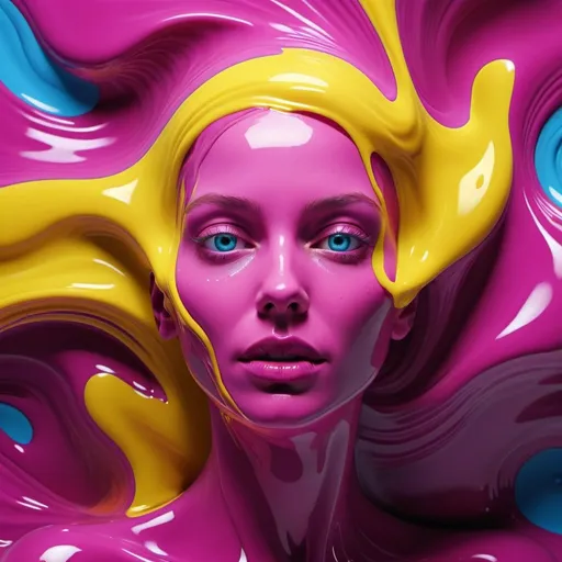 Prompt: Head of a woman, her hair is made of a yellow viscous liquid, it looks as if it is always in motion, her body and face are completely made of an organic, magenta-colored, viscous liquid, skin is no longer visible, the body flows into the background, she has bright blue bright eyes and yellow lipstick, the whole background is covered with a wave-moving magenta and yellow liquid, ethereal, abstract, unique, procedural, analytical art, highly detailed digital art, holographic astral cosmic illustration with 64K resolution, 3D, HDR