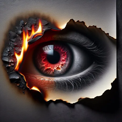 Prompt: Realistic red human eye on burnt paper, detailed scorched edges, realistic fire damage, contrasting pristine half, high quality, detailed, realistic style, burnt edges, paper texture, dramatic lighting, professional quality, high resolution, photo, realistic, detailed background