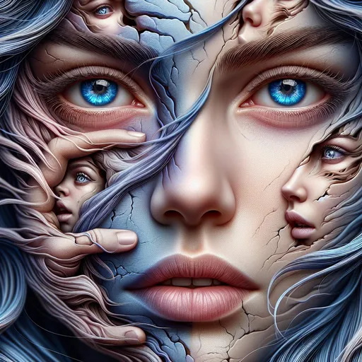 Prompt: Detailed realistic facial portrait of a woman, long flowing blue hair, intricate depiction of blue eyes, sensual gaze, visible mouth and nose, breaking skin to reveal in the cracks and holes dreams about love, fears, future, past, very detailed, ultra realistic, emotional, intense, intricate hair details, detailed eyes and facial features, vivid emotions, high quality, surreal detailed skin texture