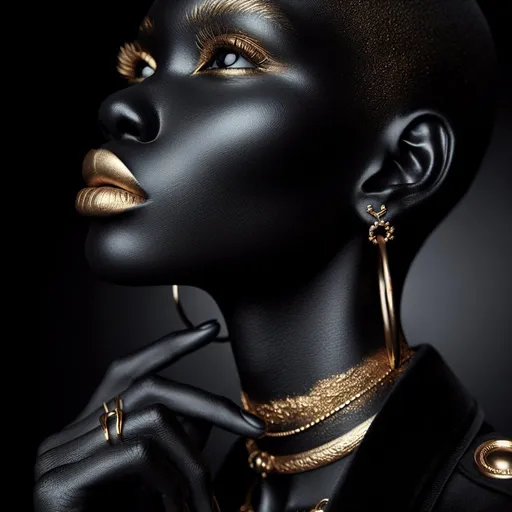 Prompt: a European woman in black with gold makeup, a gold necklace and gold hoop earrings on a black background, the woman's skin is matte black, she lifts her chin and looks forward up, gold lipstick, Chinwe Chukwuogo-Roy, Lyco- Art, realistic, detailed image, high resolution,