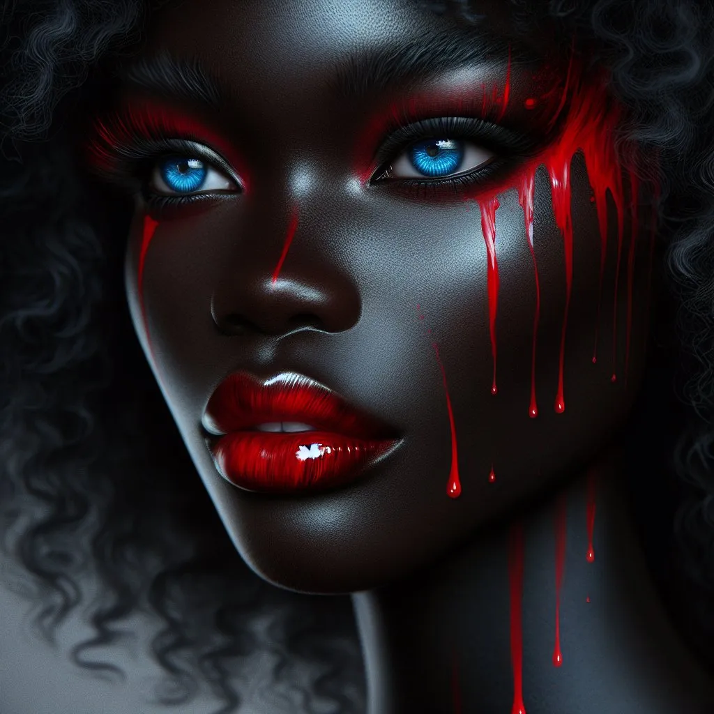 Prompt: a back woman with red makeup and blue eyes, with red paint stripes and fluid drops on her face, gothic art, a photorealistic painting