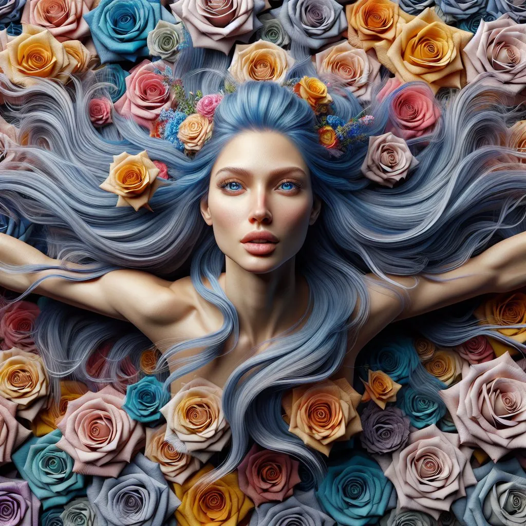 Prompt: Many roses in different colors, the roses cover the entire picture, a woman with blue flowing hair and blue eyes jumps out of the roses, she holds her arms forward, the upper body can be seen, she looks directly into the camera, super detailed , 8k, high quality, sharp focus, perfect lighting and shadows,