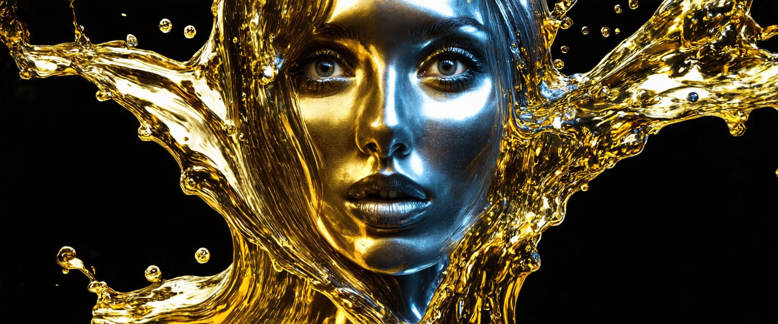 Prompt: gold-silver liquid as a woman's face, 4k, open eyes, artistic, impressive, beautiful, high contrast, striking shadows, 3D rendering, silver-golden liquid gradient splashing colors, detailed lines, golden shine, high quality, breathtaking optics, intense look, surreal atmosphere, metallic tones, dynamic poses