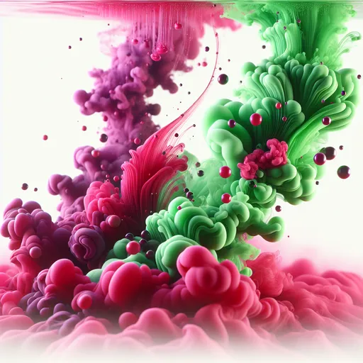 Prompt: photorealistic, (beautiful ink art), vibrant magenta and green ink swirls, white background, serene atmosphere, elegantly forming bubbles, intricate ink patterns, fluid motion, high detail, 4K, ultra-detailed, calming energy, artistic elegance, luminous colors, tranquil composition.