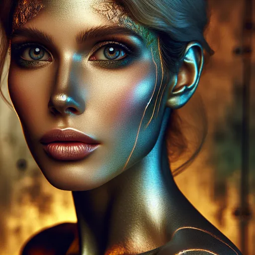 Prompt: front direct view portrait of blond woman head, brown eyes, metalic skin, disappearing into the patinated background, singificant metalic make-up, capturing the intricate details, blue, green, beige, neon