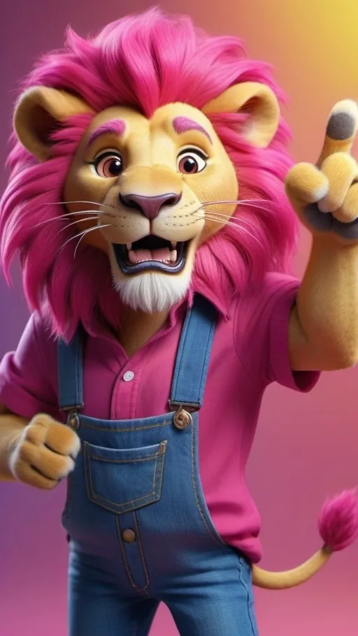 Prompt: (funny lion), (magenta mane), pointing with one paw to the side, wearing a plain magenta shirt, (blue jeans), bright light, cheerful atmosphere, vivid colors, friendly expression, ultra-detailed), (4K), humorous and inviting composition.