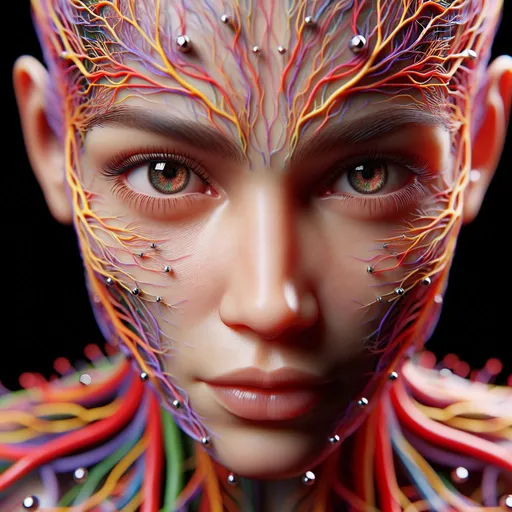 Prompt: Realistic, Detailed, Beautiful colorful Neuron women body Portrait, small chrome needles in the Skin, detailed lightening, perfect eyes, Intricately Structured, Hyper Detailed, Ultra Sharp 3D Rendering, Focus Face, Top Shot