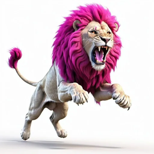 Prompt: white background, a jumping and roaring lion with a magenta mane, 3d rendering