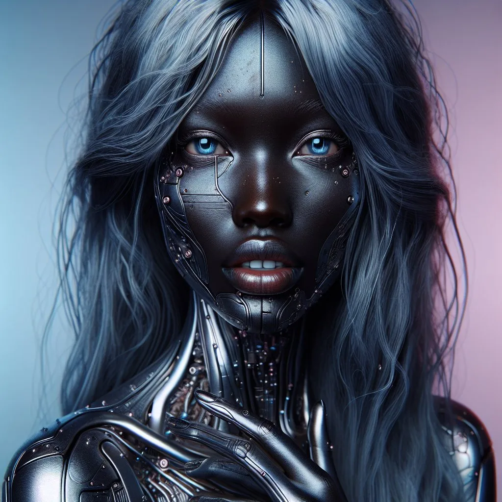 Prompt: Photo of a very dark-skinned attractive woman, realistic look, slightly kissing mouth, detailed realistic white teeth, disheveled long blue hair, direct eye contact, open blue detailed eyes, high level of detail, every pore is visible, realistic, 
woman is futuristically transformed into a silver-plated structure covered in wires. the right eye futuristic. silver fluid forming woman,

background with pastel highlights , individual bright lights, professionally detailed eyes, realistic lighting, high resolution