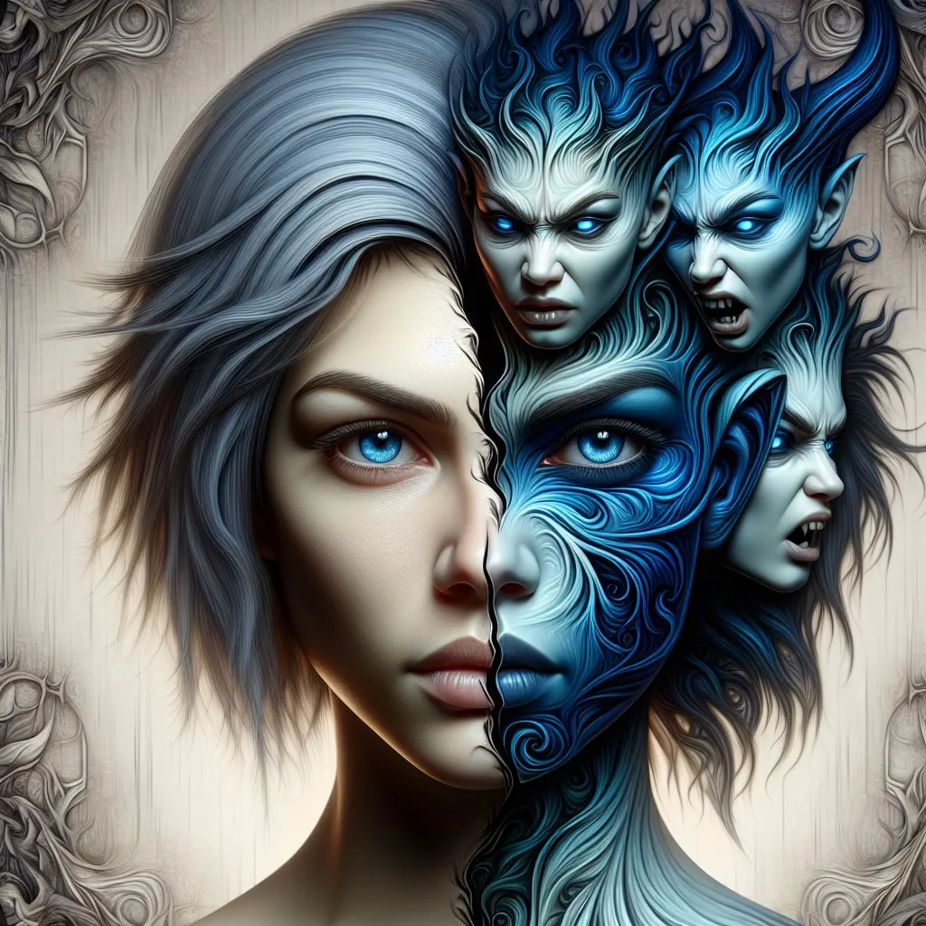 Prompt: Detailed  female body, from the split head comes three demonic figure. detailed loving face, short blue tousled hair, detailed blue eyes, surreal and mysterious, high resolution, complex digital art, surrealism, cool tones, dramatic lighting, detailed facial features, realistic shadows, artistic, surreal, mysterious, high quality, detailed,, cool tones lighting, complex design