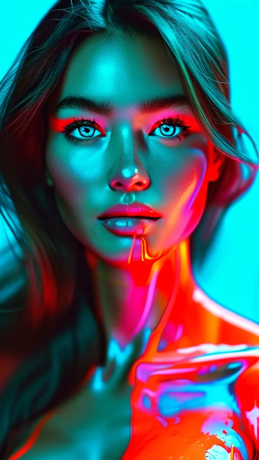 Prompt: a perfect female beauty. face and body are made of a neon-colored liquid. She has expressive blue, realistic eyes that look directly at the viewer. Long hair and pronounced cheekbones underline the natural beauty of a perfect woman. She has soft-focused, even and smooth skin made of a flowing neon-colored liquid. She is of magnificent, perfect, overwhelming, gorgeous, flawless, radiant, classic, strict, austere beauty.
The finely drawn neon-colored background underlines her breathtaking beauty.