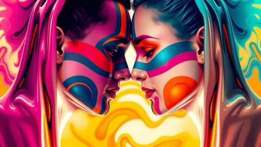 Prompt: (Colorful striped heads) man and woman face,  emerging from (vibrant liquid), gazing at each other, close-up side view from above, surrounded by (dynamic, swirling liquid background), showcasing an (ultra-detailed, high quality 3D full body rendering), with elaborate textures and reflections in the colors of the liquid, creating a captivating, surreal atmosphere. The overall scene evokes a sense of connection through color and form.