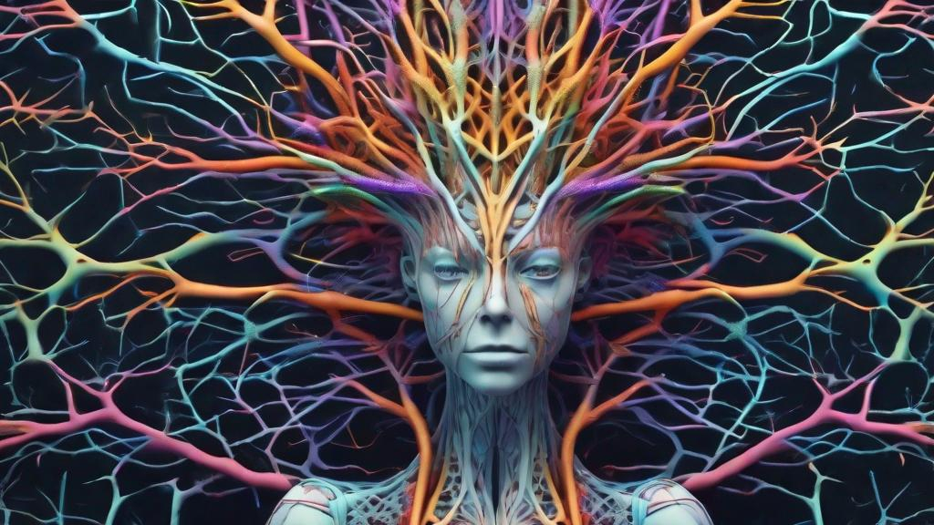 Prompt: Realistic, Detailed, Beautiful colorful Neuron Portrait, Gothic, Net in the Skin, Intricately Structured, Unknown Plants, Biodiversity, Surreality, Hyper Detailed, Ultra Sharp 3D Rendering, Focus Face, Top Shot