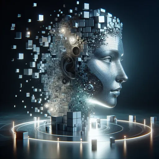 Prompt: Silver glowing 3D woman face evolving from messy grey cubes, futuristic 3D rendering, metallic reflections, detailed facial features, high tech hologram projection, cubic background, ultra detailed, sci-fi, futuristic, metallic reflections, glowing, professional, mood lighting, 3D rendering, messy cubes