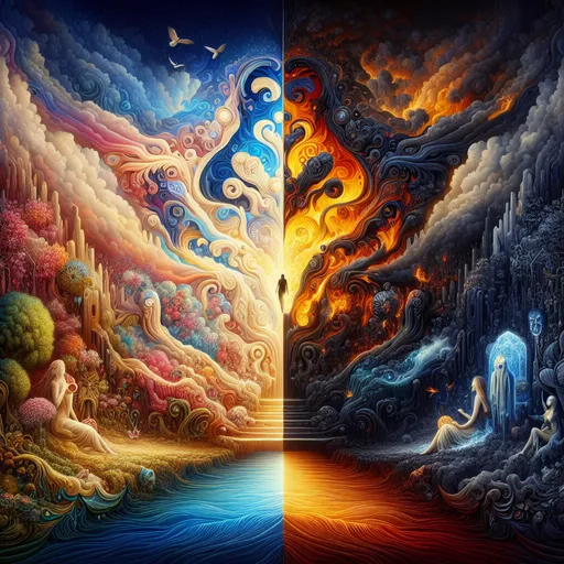 Prompt: (harmony, security, love, beauty on the left side), flowing transition between the halves, (chaos, insecurity, hate, ugliness on the right side), dramatic color gradient from warm, serene and vibrant hues on the left to dark, cold and gloomy tones on the right, split atmosphere conveying a duality of emotions, detailed symbolic elements reflecting contrasting themes, intricately detailed background, high depth, 4K, ultra-detailed, cinematic masterpiece.