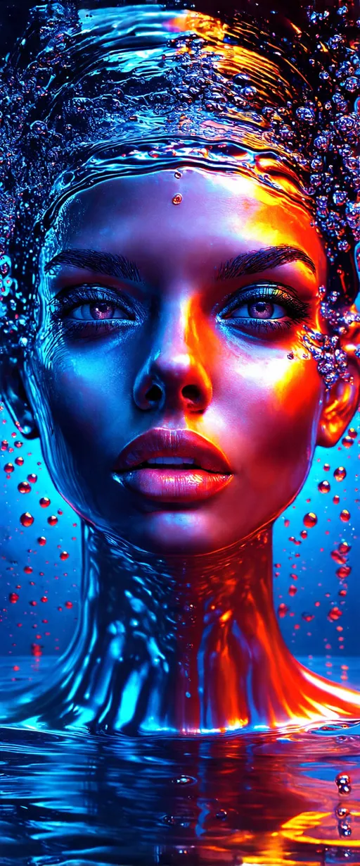 Prompt: a woman's face emerging from a holographic liquid in sharp colors, 3D rendering, ultra detailed, high quality, detailed liquid simulation, intricate detailed facial features, high contrast, dramatic lighting, holographic, sharp, colorful liquid sea in the background