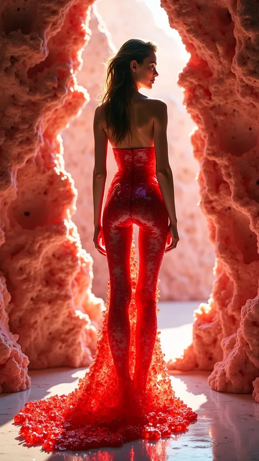 Prompt: (beautiful woman), full-body portrait, (red crystal geode skin), split open, broken, marble skin, (showcasing vibrant crystals inside), (surrealistic concept photography), ethereal lighting, soft reflections, mystical ambiance, intricate details of crystals, dreamlike atmosphere, high resolution, ultra-detailed, (imaginative composition), vibrant contrasts of red and soothing marble tones.