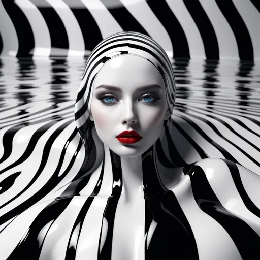 Prompt: Half of a white and black striped woman's head emerges from the striped white and black liquid. open blue eyes, red lipstick.
Ultra detailed, high quality detailed full body 3D rendering