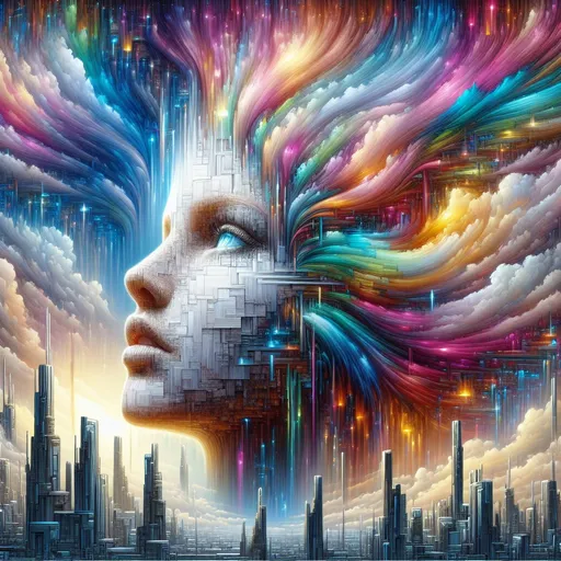 Prompt: a painting of a woman's face with many different colored hair and a sky background with clouds and buildings, Android Jones, analytical art, highly detailed digital painting, cyberpunk art