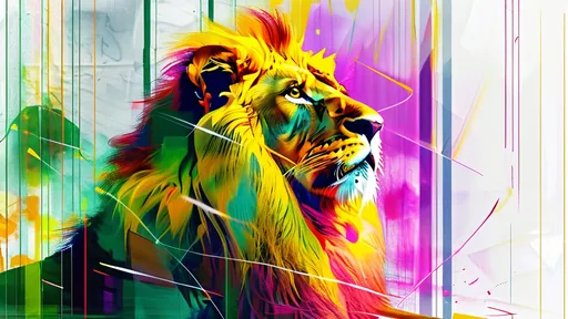 Prompt: (abstract digital image), silhouette of a sitting roaring lion with magenta mane, luminous lines, (vibrant shades of yellow, magenta, green), dynamic movement, flowing contours, energetic design, minimalist white background, glowing effect, high contrast, ultra-detailed, visually striking, modern composition, captivating curves, intricate linework, digital artistry.